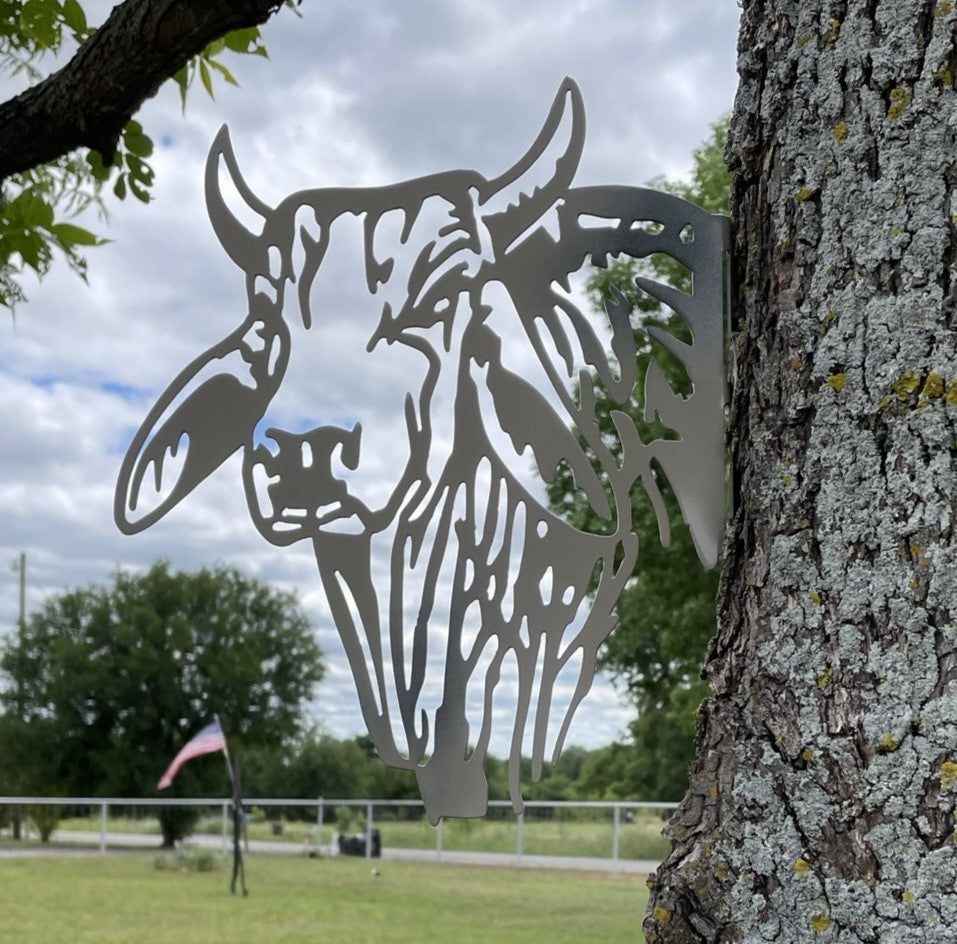 Barnyard Brahman - Yard decoration, tree art tree decor peeping Brahman wall decor farm animal fence outdoor garden tree signs