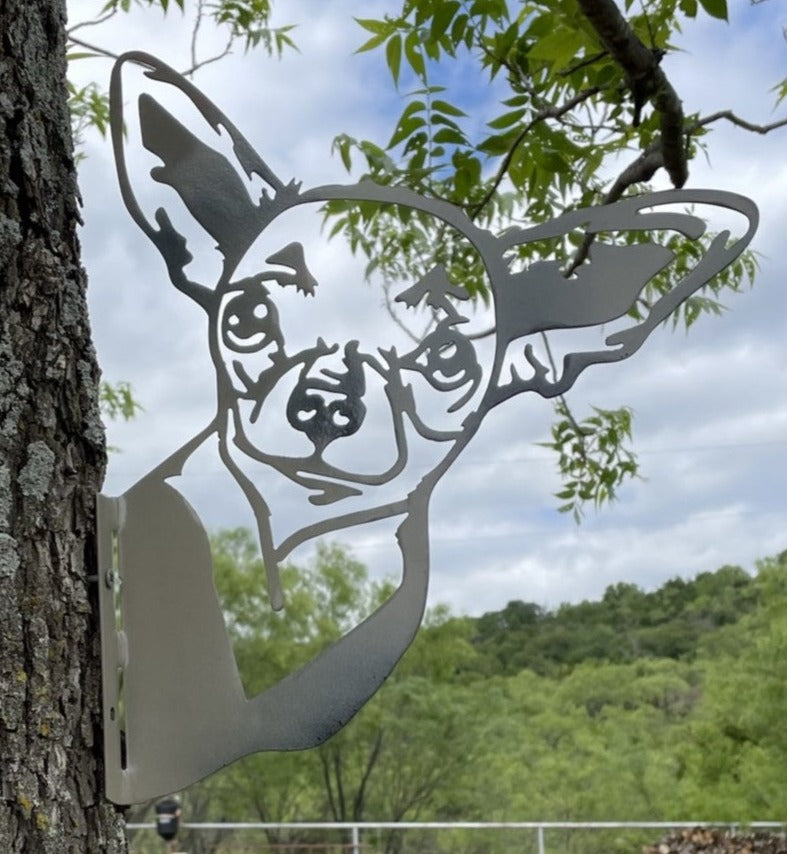 Barnyard Chihuahua - Yard decoration, tree art tree decor peeping Chihuahua wall decor farm animal fence outdoor garden tree signs
