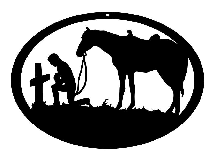 Cowboy Kneeling at a Cross, praying cowboy with horse, custom metal wall art, spiritual wall art, home and Ranch