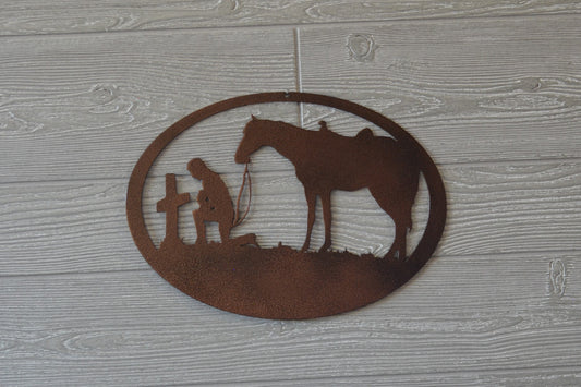 Cowboy Kneeling at a Cross, praying cowboy with horse, custom metal wall art, spiritual wall art, home and Ranch