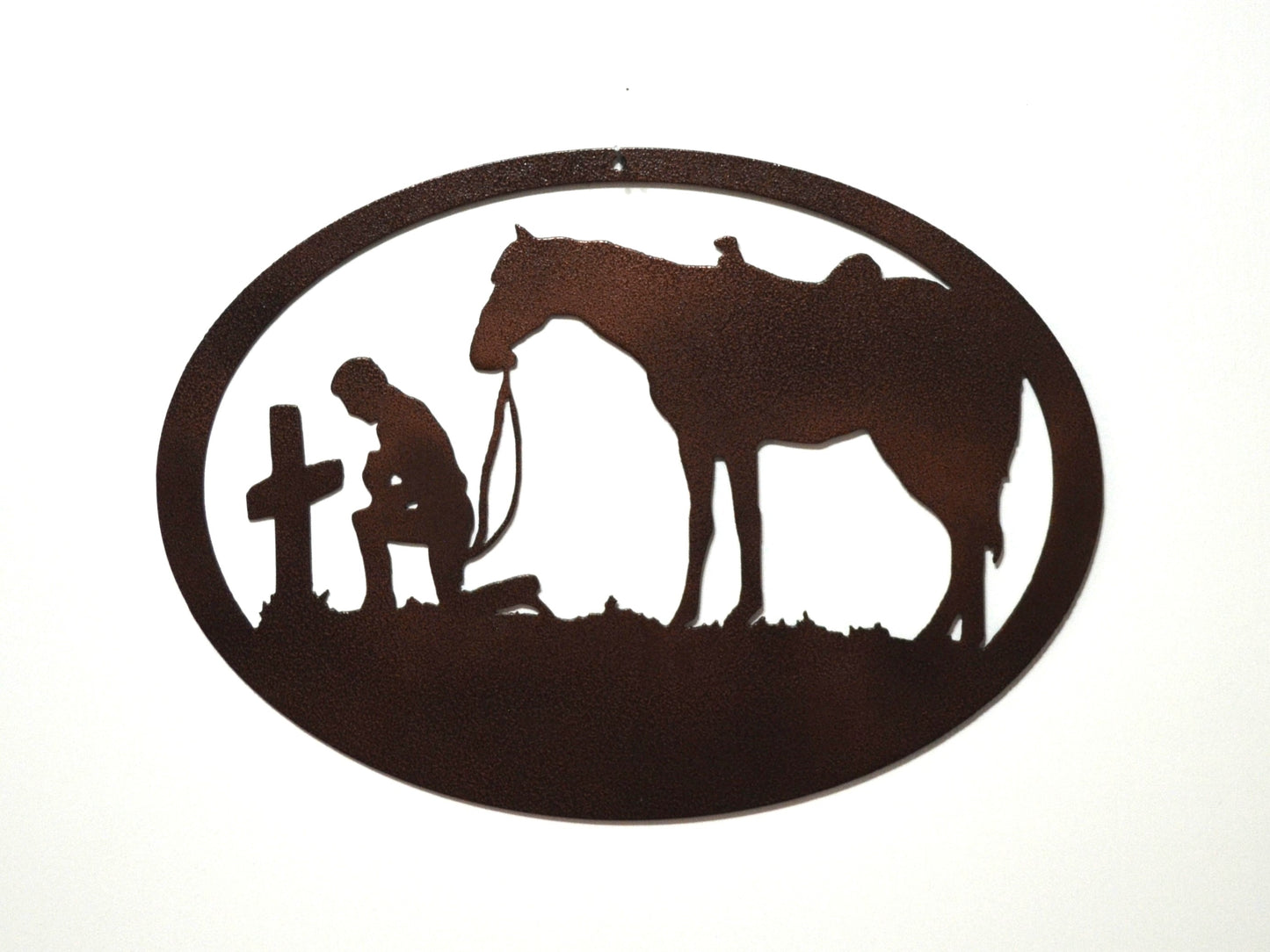 Cowboy Kneeling at a Cross, praying cowboy with horse, custom metal wall art, spiritual wall art, home and Ranch
