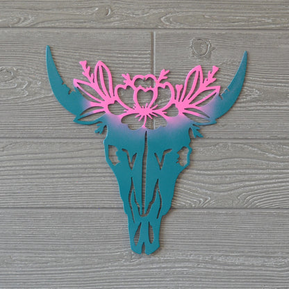 Cow Skull with Flowers, nature, artistic cow skull with flowers, custom metal art, decorative custom metal sign