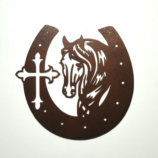 Horse, Horse Shoe, nature, artistic Horse with cross, custom metal art, decorative custom metal sign